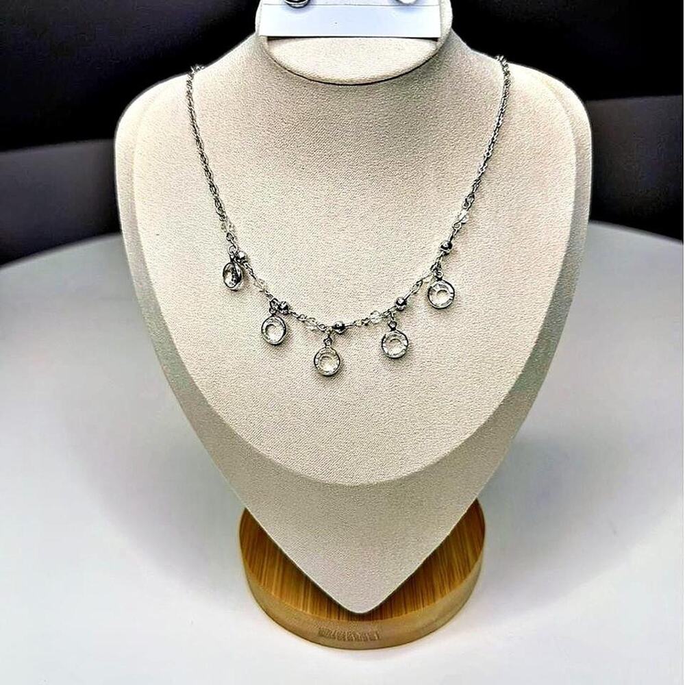 Vintage Swarovski Crystal Necklace Earrings Set Adjustable 16.5–19” Silver Tone - Picture 1 of 8